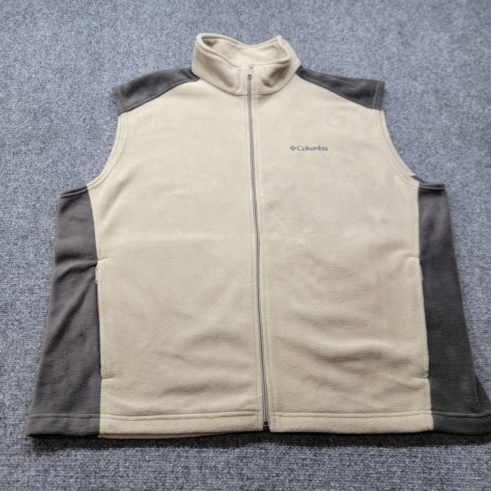 Columbia Mens XXL Fleece Vest Full Zip Tan Gray AM1535 Mock Neck Outdoor Layer